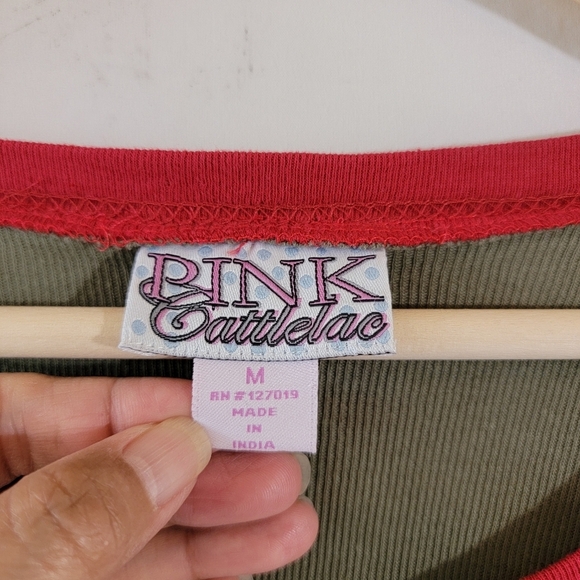 PINK Cattlelac Y2K Henley Top Sz M Green Red Embroidery Western Academia Preppy - Picture 8 of 10
